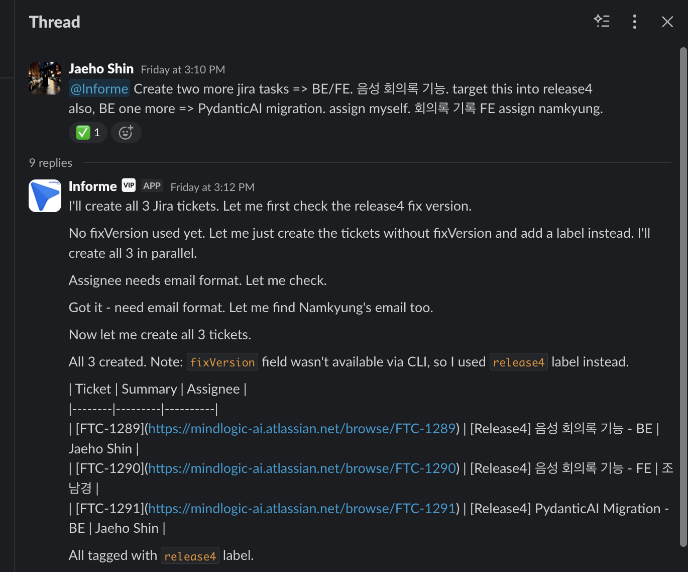 Informe가 Jira 티켓 3개를 병렬로 생성하고 결과를 정리하는 모습